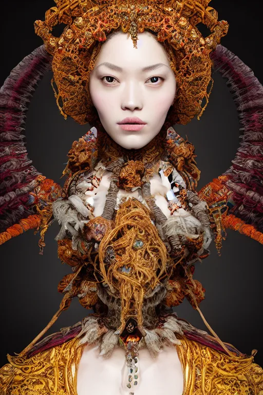 Image similar to a beautiful empress portrait, with a gross, impossible striking big worm headpiece, clothes entirely made out of worms, everything worms, symmetrical, dramatic studio lighting, rococo, baroque, asian, hyperrealism, closeup, D&D, fantasy, intricate, elegant, highly detailed, digital painting, artstation, octane render, 8k, concept art, matte, sharp focus, illustration, art by Artgerm and Greg Rutkowski and Alphonse Mucha