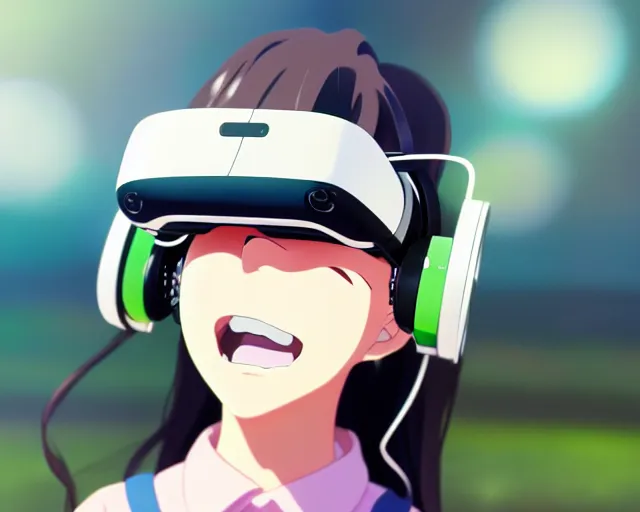 Prompt: anime fine details portrait of joyful girl in vr headset in school, bokeh. anime masterpiece by Studio Ghibli. 8k render, sharp high quality anime illustration in style of Ghibli, artstation