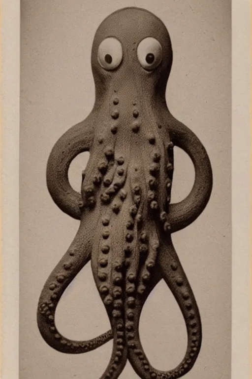 Prompt: anthropomorphic octopus wearing a suit, vintage photograph, sepia