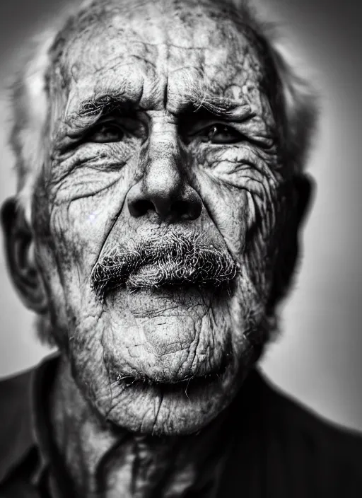 Prompt: A portrait photo of an old man with only one eye, high contrast, black and white