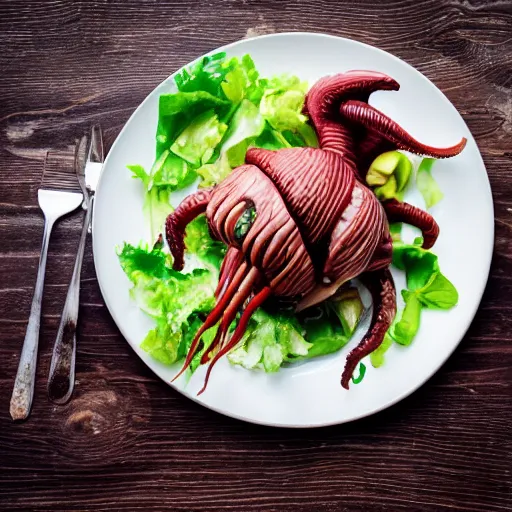 Prompt: a plate of food made of salad and huge alien xenomorph, award winning photographer, food photography