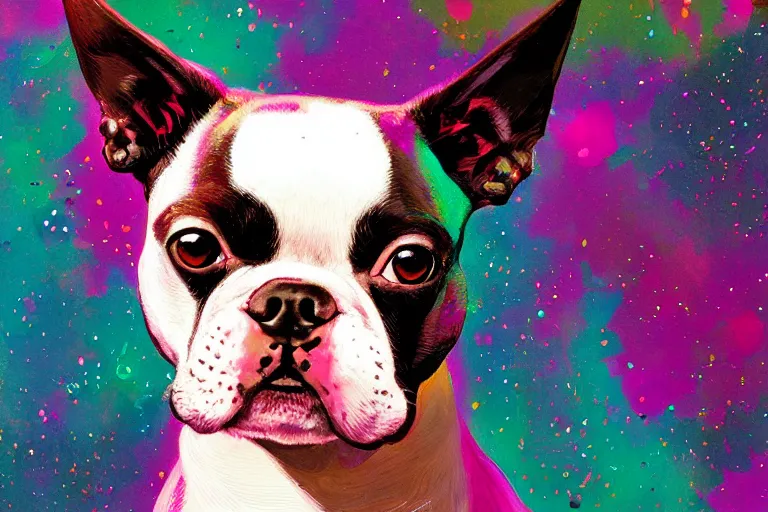 Prompt: Adorably cute Boston Terrier portrait, artstation winner by Victo Ngai, Kilian Eng and by Jake Parker, vibrant colors, winning-award masterpiece, fantastically gaudy, aesthetic octane render, 8K HD Resolution