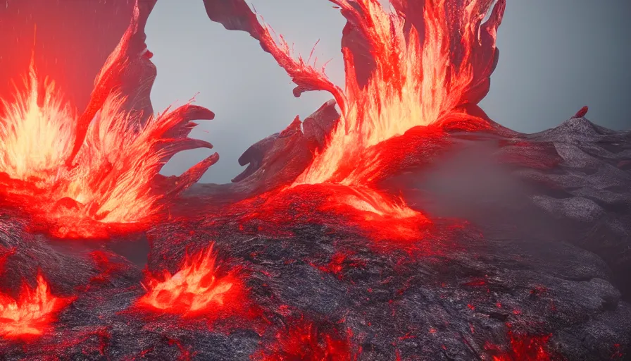 Image similar to A fashion Catwalk on a active volcano spewing lava, Fashion Photography, Octane, Redshift, High Detail