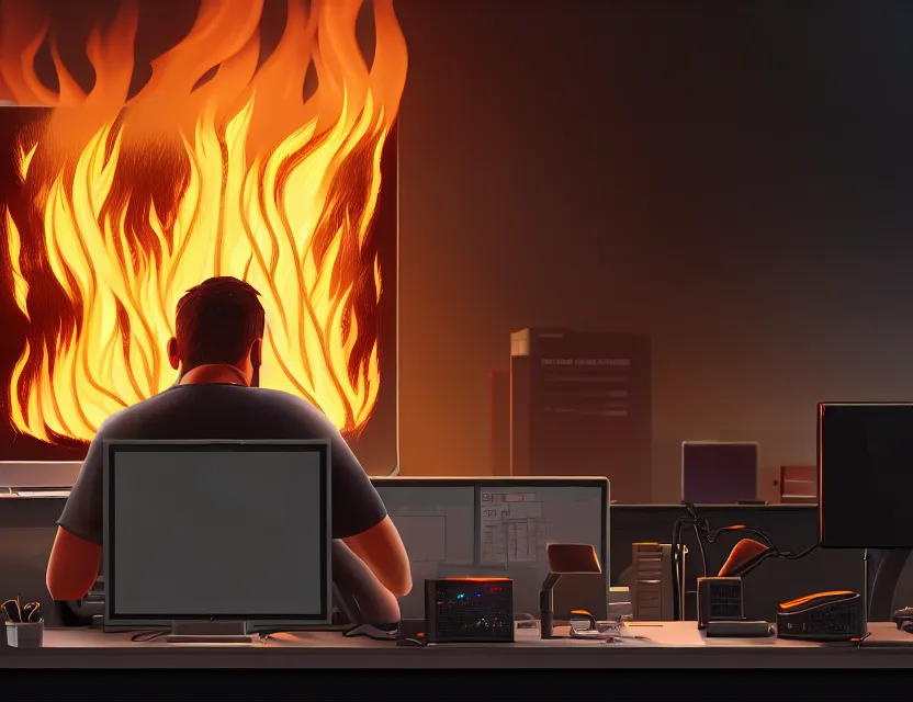 Prompt: a man works at a workstation in a big office with burning fires, close up, featured in artstation, intricate, ultra detailed, unreal engine, concept art, wide - angle lens, sharp focus, illustration, 8 k