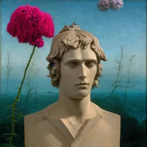 Image similar to Caspar David Friedrich, award winning masterpiece with incredible details, Caspar David Friedrich, a surreal vaporwave vaporwave vaporwave vaporwave vaporwave painting by Caspar David Friedrich of an old pink mannequin head with flowers growing out, sinking underwater, highly detailed Caspar David Friedrich