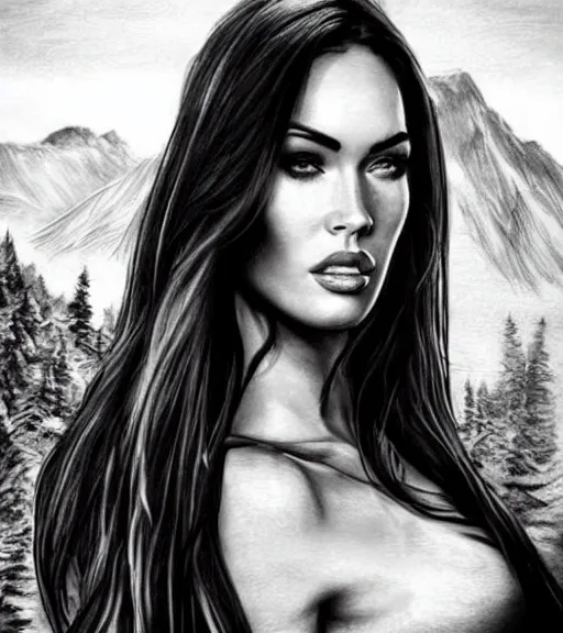 Image similar to tattoo design sketch of megan fox face against a background of beautiful mountains and nature, hyper - realistic, in the style of den yakovlev, amazing detail, black and white