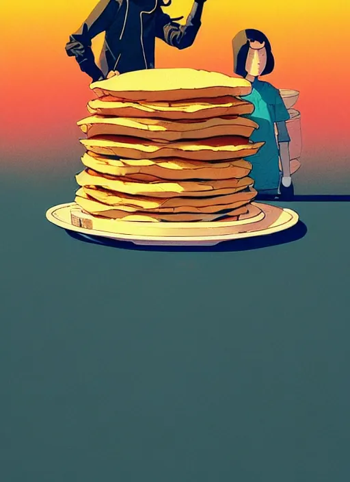 Image similar to highly detailed portrait of a huge stack of pancakes by atey ghailan, james gilleard, by joe fenton, by greg rutkowski, by greg tocchini, by kaethe butcher, 4 k resolution, gradient yellow, black, brown and cyan color scheme, grunge aesthetic!!! ( ( dystopian graffiti tag wall in background ) )