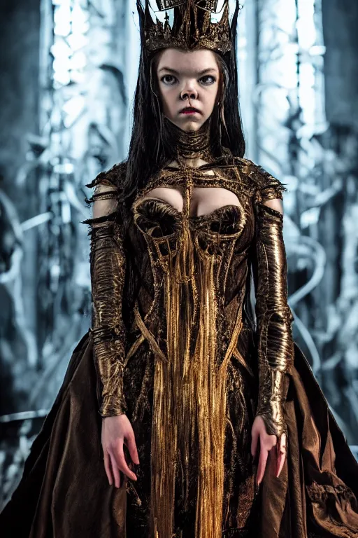 Image similar to dressed anya taylor - joy as a queen of senobith, symmetrical, cinematic, elegant, demonic atmosphere, professional studio light, real dlsr photography, sharp focus, costume made by clive barker, real rotten flesh and blood, 4 k, ultra hd, sense of awe