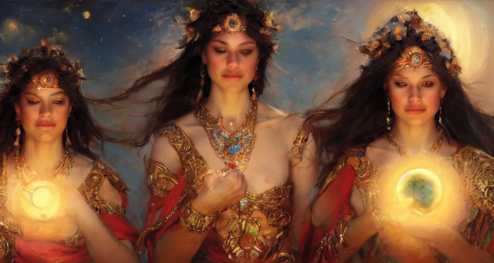 Image similar to jade women holds the moon and the sun, in the background you can see the universe. by Daniel F. Gerhartz, hyperrealistic oil painting, 4k, very detailed faces, studio lightning