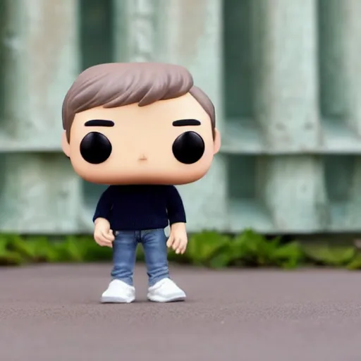 Image similar to a 21 year old skinny white guy with no beard and short black hair in a navy blue sweater , jeans and grey new balance shoes funko pop close up highly detailed photo