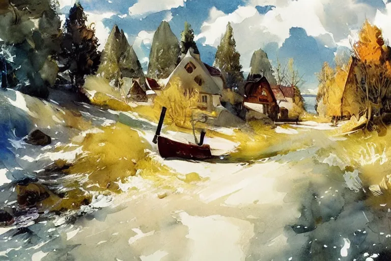 Image similar to paint brush strokes, abstract watercolor painting of swedish village, birch and pine, art by hans dahl, by jesper ejsing, art by anders zorn, wonderful masterpiece by greg rutkowski, cinematic light, american romanticism by greg manchess, creation by tyler edlin