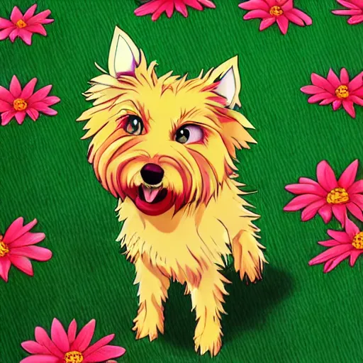 Prompt: A blond Norfolk terrier in the style of 90s anime, bright,red flowers, foot path, trees, award winning, trending on artstation