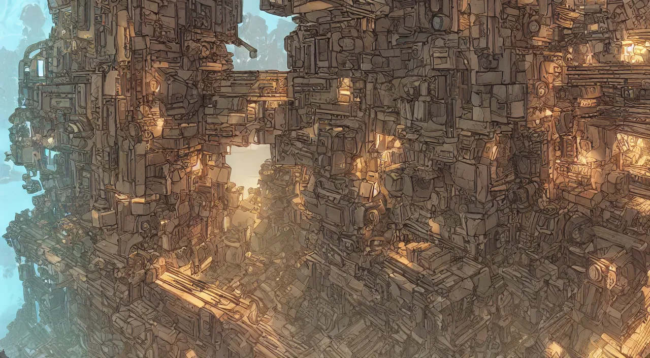 Image similar to wood wall fortress greeble block amazon jungle portal door unknow world global illumination ray tracing ambiant torch fornite that looks like it is from borderlands and by feng zhu and loish and laurie greasley, victo ngai, andreas rocha, john harris