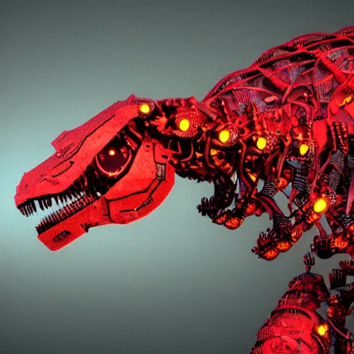 Prompt: still of a cyborg T-Rex, red eyes, robotic extended arms, 4k, film grain, 85mm