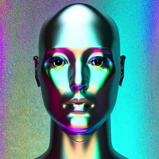 Image similar to 3d render of holographic human robotic head made of glossy iridescent, surrealistic 3d illustration of a human face non-binary, non binary model, 3d model human, cryengine, made of holographic texture, holographic material, holographic rainbow, concept of cyborg and artificial intelligence