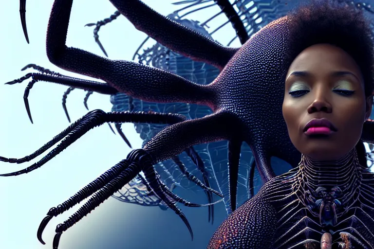 Image similar to realistic detailed photorealistic closeup portrait movie shot of a beautiful black woman with a giant spider, sci fi city landscape background by denis villeneuve, amano, yves tanguy, alphonse mucha, ernst haeckel, david lynch, edward robert hughes, roger dean, cyber necklace, dynamic pose, rich moody colours, wide angle