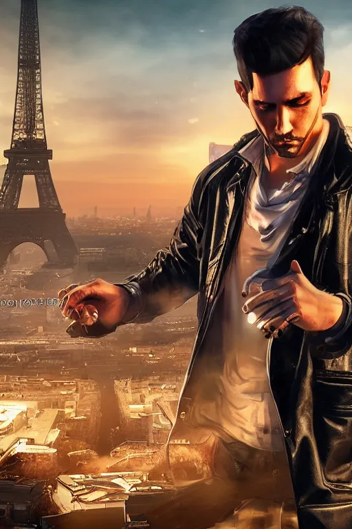 Image similar to in the foreground Paris, in the background a dark-haired man from behind playing with swirls of black energy coming out of his hands wearing a long matrix-style jacket, realistic, high definition, many details, dramatic scene, detailed and realistic hands, symmetrical face, realistic eyes, cyberpunk art 2077