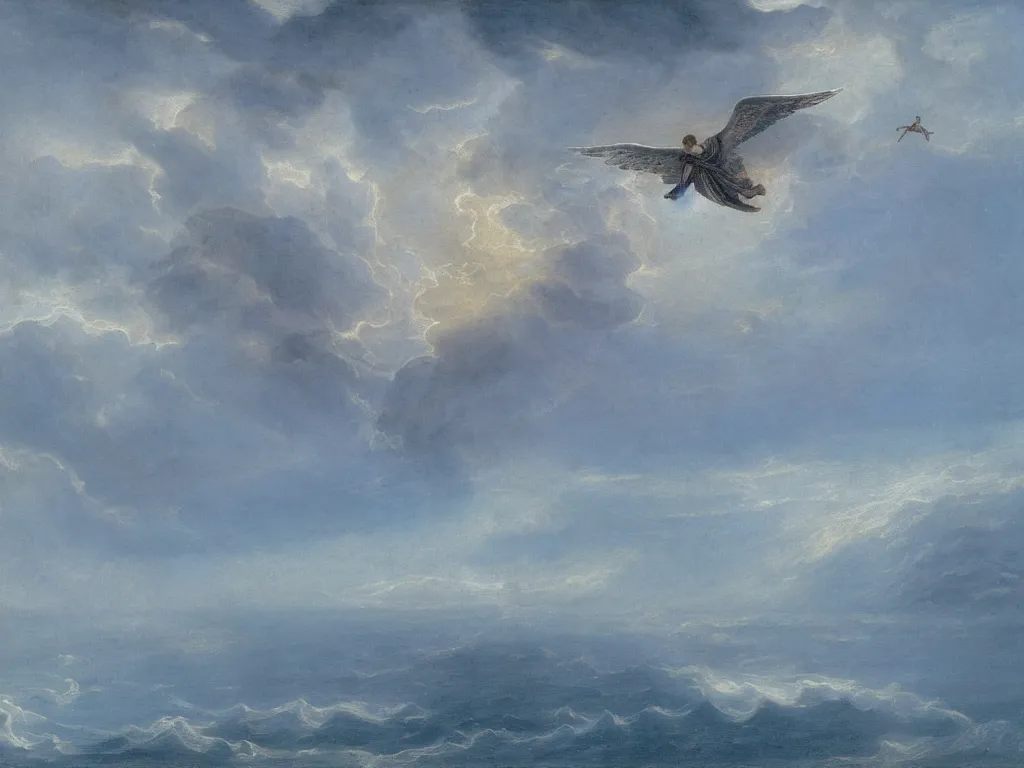 Image similar to biblical angel in the sky flying on the sea painted by caspar david friedrich