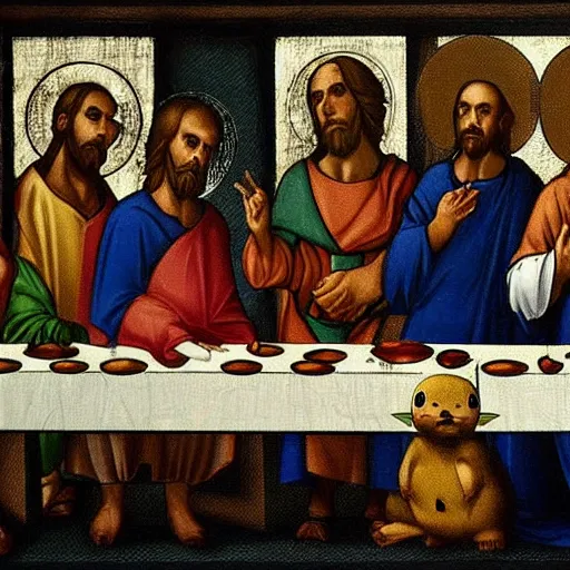 Image similar to Pikachu instead of Jesus at the Last Supper by Leonardo da Vinchi