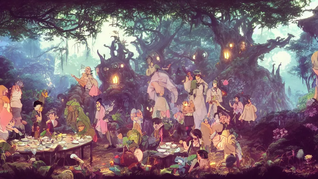 Prompt: a birthday party in a mystical magic forest, cinematic scene, studio ghibli, frank frazetta, trending on artstation