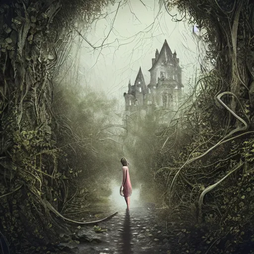 Image similar to woman in cape approaching mystical baroque castle in haunted swamp surrounded by dense forest with vines, creepy ambiance, desaturated, highly detailed, sharp focus, brutalist architecture, by artgerm, cgsociety