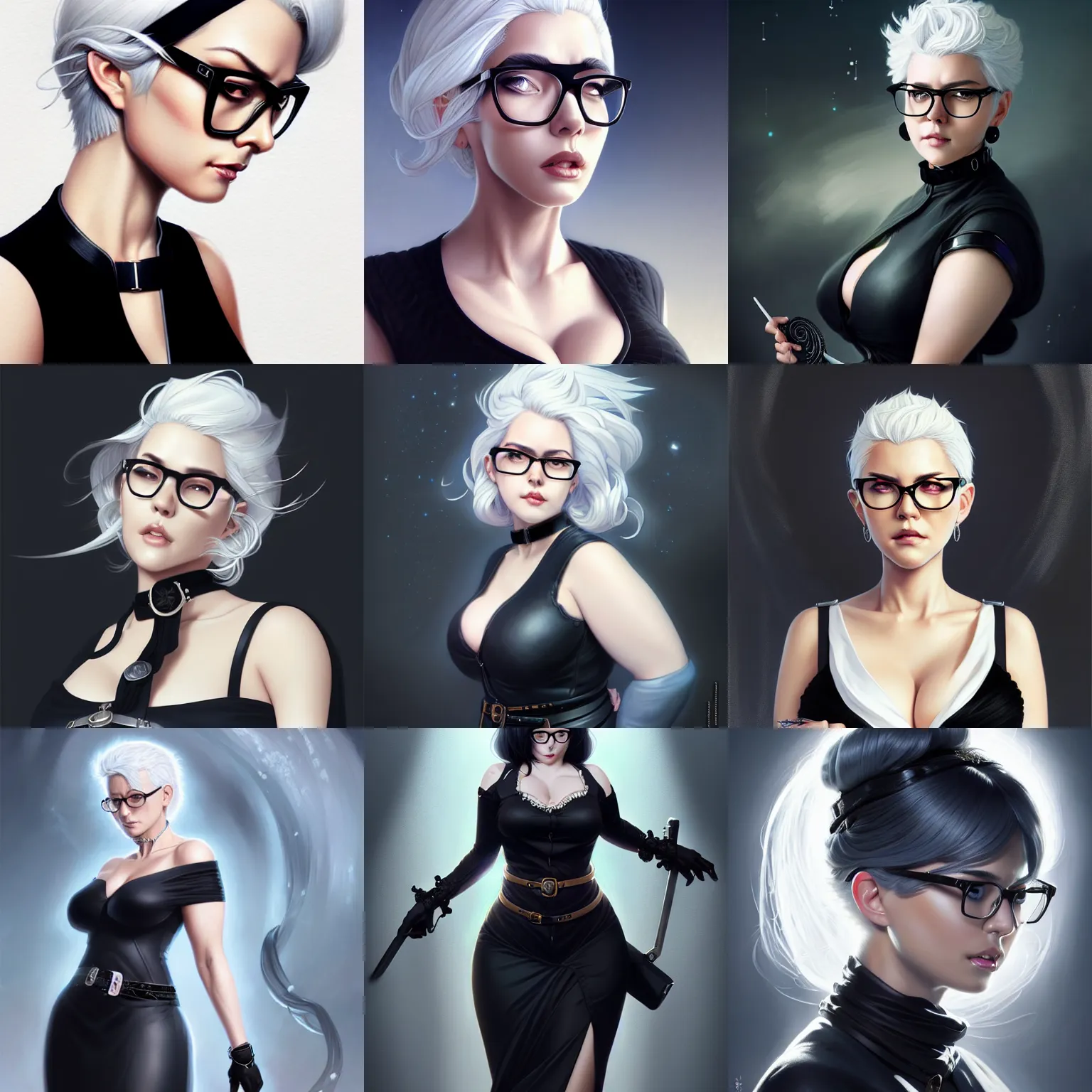 Prompt: key visual of beautiful curvy female with white hair and black glasses, black dress with belt around waist, stunning, intricate details, highly detailed, digital painting, smooth, hard focus, illustration, art by artgerm, greg rutkowski, guweiz, perfect face, silver jewellery