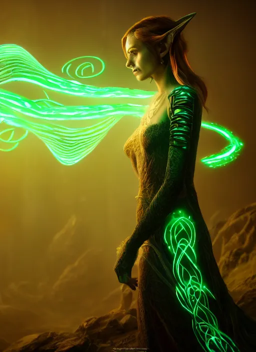 Prompt: high fantasy and sci - fi elvish rogue wearing a bioluminescent vine dress, surrounded by elvish glowing runes cinematic shot in the style of final fantasy, cinematic lighting, hyperdetailed, 8 k realistic, global illumination, mysterious light, dof, trending on artstation, digital art