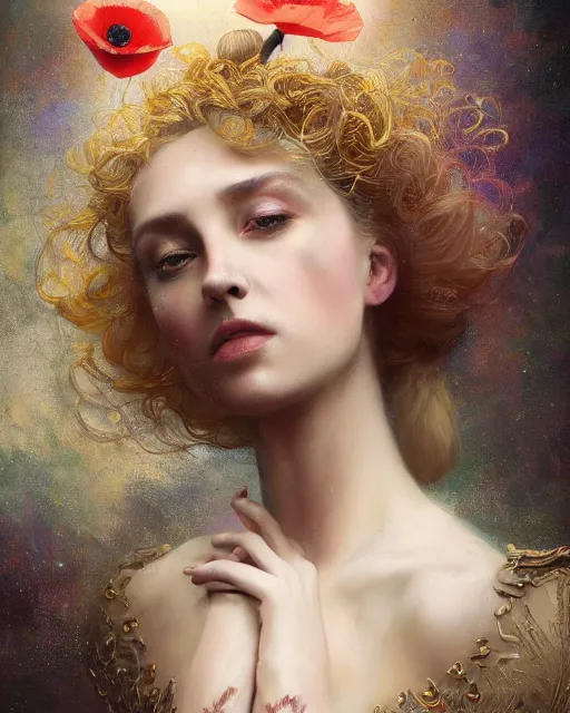 Image similar to portrait of a gorgeous young poppy queen, uniquely beautiful, surreal, fantasy, ornamental, intricate, elegant, dramatic lighting, emotionally evoking symbolic metaphor, highly detailed, lifelike, photorealistic, digital painting, artstation, concept art, smooth, sharp focus, illustration, art by John Collier and Krenz Cushart and Artem Demura and Alphonse Mucha and Albert Aublet