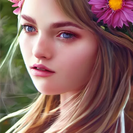 Prompt: a photorealistic portrait of a beautiful woman with flowers in her hair, artstation, outdoors