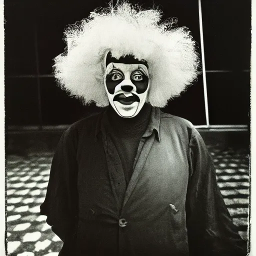 Prompt: portrait of clown by Diane Arbus, 50mm