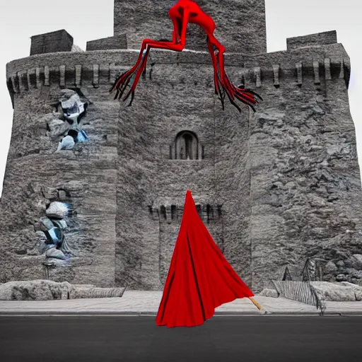 Prompt: monumental, weary 3 d render by nathan wirth. a beautiful street art of a horned, red - eyed, skeleton - like creature, with a long black cape, & a staff with a snake wrapped around it, standing in front of a castle atop a cliff.