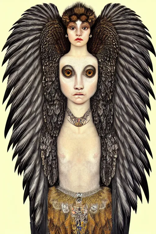 Image similar to head and shoulders portrait of a harpy, eagle wings, feathers, beautiful, female, magical, high fantasy, d & d, by klimt, face details, extremely detailed, digital illustration