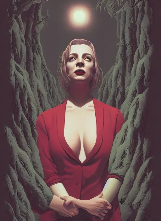 Prompt: Twin Peaks poster artwork by Michael Whelan and Tomer Hanuka, Rendering of portrait of Laura Palmer, full of details, by Makoto Shinkai and thomas kinkade, Matte painting, trending on artstation and unreal engine