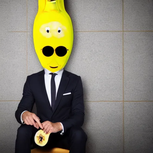 Prompt: a man wearing a suit banana head