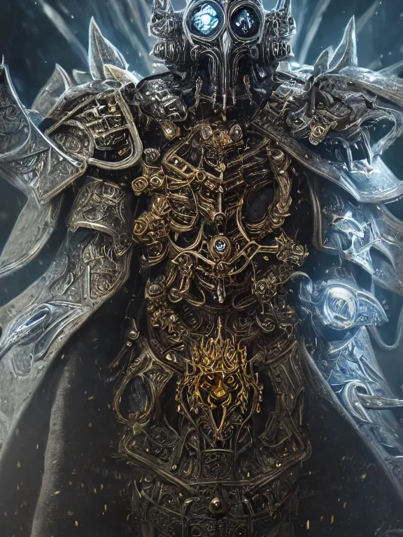 Image similar to portrait art of 8k ultra realistic lich king, detailed ornate gold crown , detailed intricate ornate armour,blade runner, cybernetic, full of colour, cinematic lighting, trending on artstation, 4k, hyperrealistic, focused, extreme details,unreal engine 5, cinematic, masterpiece, art by ayami kojima, giger