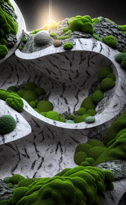 Image similar to highly detailed ultra sharp 3 d render villa cinematic composition of a smooth ceramic porcelain biomorphic magnolia stone nebula fluid fractal sci - fi surreal architecture landscape, granite, metallic, magnesium, marble, moss and lichen, vincent callebaut composition, mamou - mani, archviz, beautiful lighting, 8 k, unreal engine, hdr,