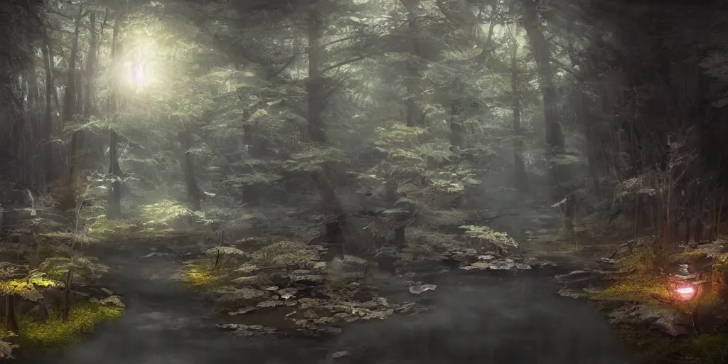 Prompt: a beautiful japanese school of magic in a dark forest, highly detailed, volumetric lighting, digital painting