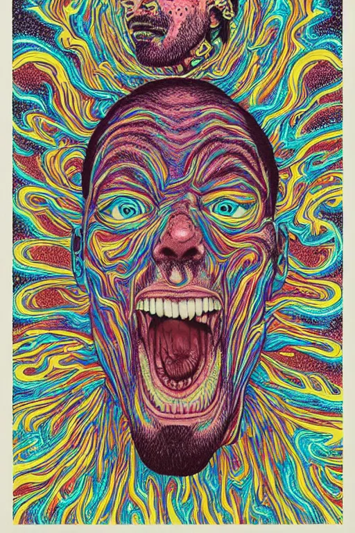 Image similar to man licks a tab of LSD acid on his tongue and experiences psychedelic hallucinations, screenprint by kawase hasui, alex grey and dan hillier, colorful flat surreal design, hd, 8k, artstation