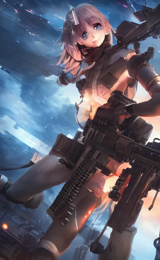 Prompt: the front of a modern trading card, highly detailed, high resolution, character design, stunning, volumetric lightning, realistic guns, girls frontline style, matte, sharp focus, illustration, artstation