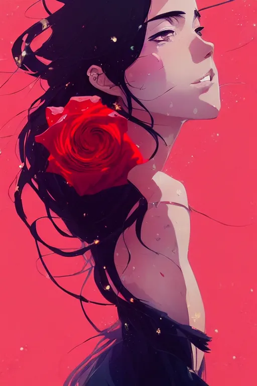 Image similar to a ultradetailed beautiful panting of a stylish woman holding a rose, by conrad roset, greg rutkowski and makoto shinkai, trending on artstation