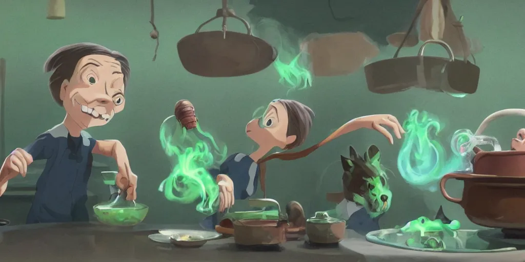 Image similar to a wholesome animation key shot of a steve buscemi with black hair as a witch cooking a magic potion in his cauldron of bubbling green liquid as his cats watch, medium shot, waist up, studio ghibli, pixar and disney animation, sharp, rendered in unreal engine 5, anime key art by greg rutkowski, bloom, dramatic lighting