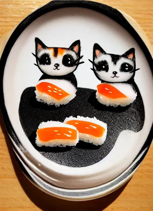 Image similar to clear surrealist painting of tiny adorable cats made from sushi rice, sitting on sushi plates with sushi, garnish, wasabi and soy sauce