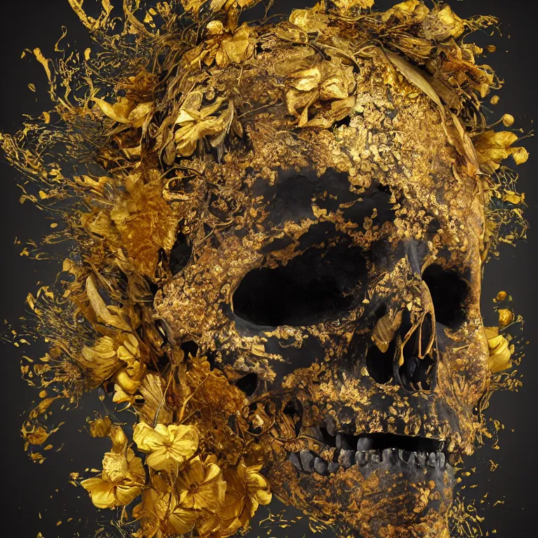 Image similar to A beautiful oil painting hyperrealism of a decayed black head, rotting black clay skin, skull bones, gold flowers, gold floral headdress, 8k resolution, octane render, Trending on artstation, by Gediminas Pranckevicius, volumetric light 2blue fractal Thunder glow by dan mumford, anaglyph effect, Laurie Lipton