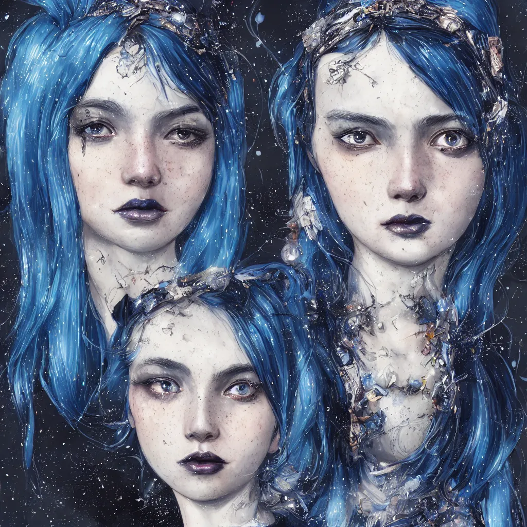 Image similar to an attractive girl with blue celestial hair and dark lipstick and freckles, wearing a sparkling dress, by kim jung gi, irakli nadar, ruan ji, carl larsson, symmetrical features, realistic human features, trending on artstation, highly detailed, cinematic lighting, character concept art, movie poster art, movie concept art