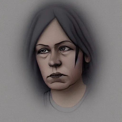 Image similar to cel - shaded foggy portrait of a sad lady 3 8 years old, with finisher