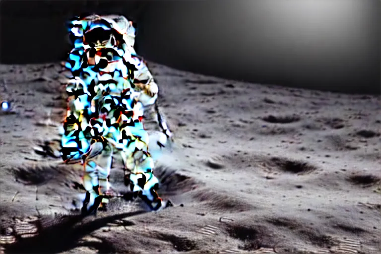 Image similar to still photo of astronaut walking on the surface of moon, black and white color aesthetics, highly detailed, photorealistic portrait, bright studio setting, studio lighting, crisp quality and light reflections, unreal engine 5 quality render