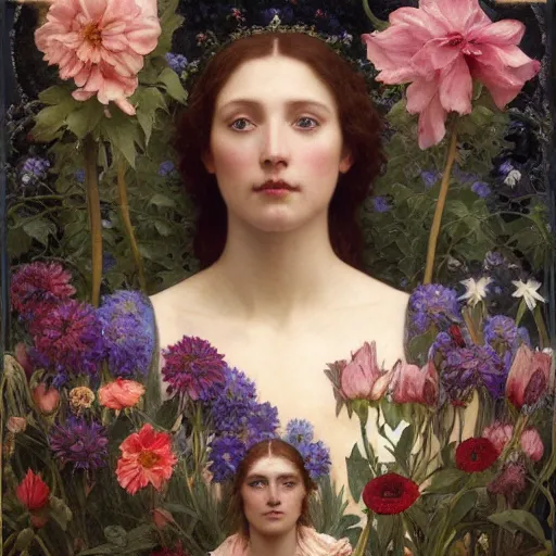 Image similar to queen of flowers, by annie swynnerton and charlie bowater and william - adolphe bouguereau, nicholas roerich and jean delville and evelyn de morgan, dramatic lighting, floral tattoos, rich colors, smooth sharp focus, extremely detailed, donato giancola, adolf wolfli