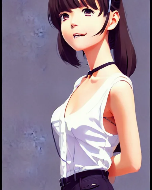 Image similar to cute girl wearing tank suit, smiling, room background | very very anime!!!, fine - face, audrey plaza, realistic shaded perfect face, fine details. anime. realistic shaded lighting poster by ilya kuvshinov katsuhiro otomo ghost, magali villeneuve, artgerm, jeremy lipkin and michael garmash and rob rey