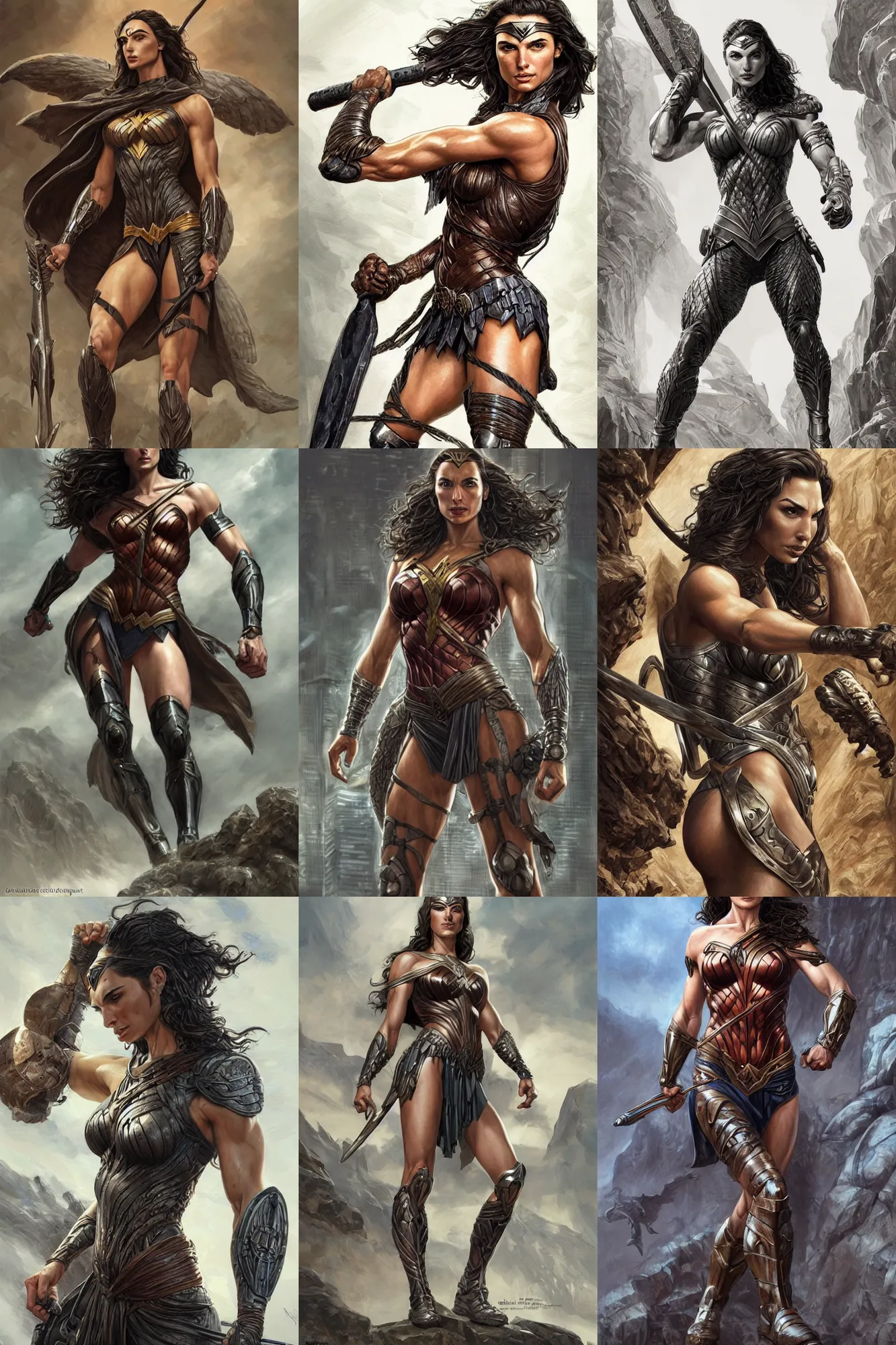 Image similar to very muscled Amazon gal gadot as a ruggedly mean looking heroine, intricate, elegant, highly detailed, centered, digital painting, artstation, concept art, smooth, sharp focus, illustration, art by artgerm and donato giancola and Joseph Christian Leyendecker, WLOP