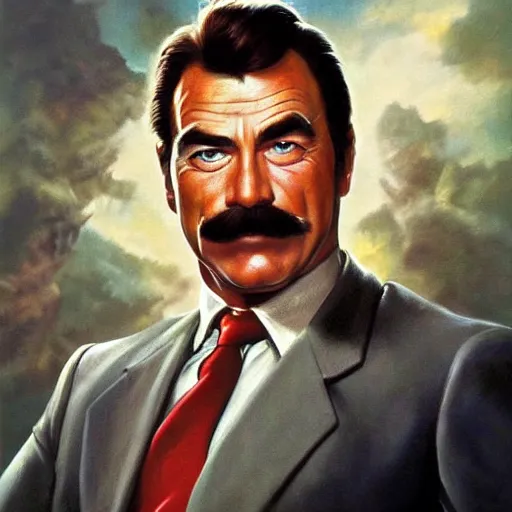 Image similar to ultra realistic portrait painting of tom selleck as super mario, art by frank frazetta, 4 k, ultra realistic, highly detailed, epic lighting